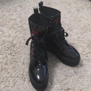 YRU Strange Cult Stomp Hi Black Patent Leather Platform Boots